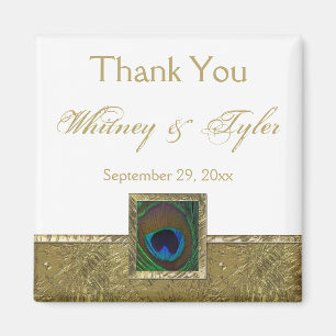 White, Gold Peacock Feather Wedding Favour Magnet