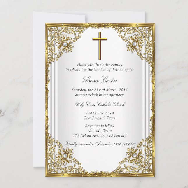White Gold Pearl Damask Cross Baptism Christening Invitation (Front)