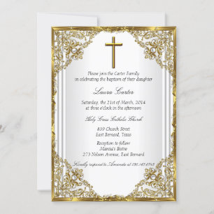 White Gold Pearl Damask Cross Baptism Christening Invitation