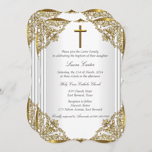 White Gold Pearl Damask Cross Baptism Christening Invitation (Front/Back)