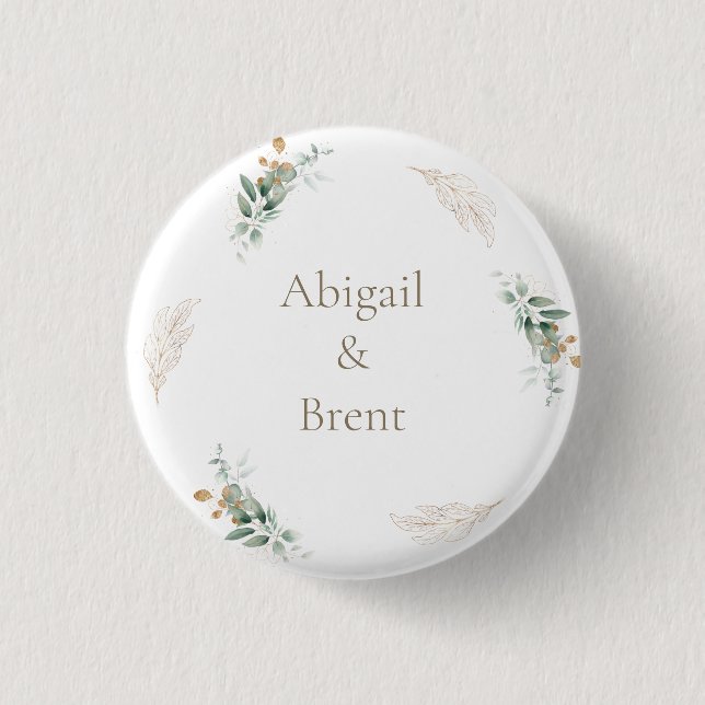 White & Gold Personalised Foliage Wedding 3 Cm Round Badge (Front)