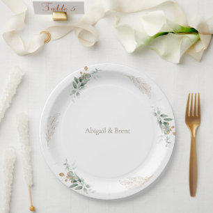 White & Gold Personalized Foliage Wedding Paper Plate