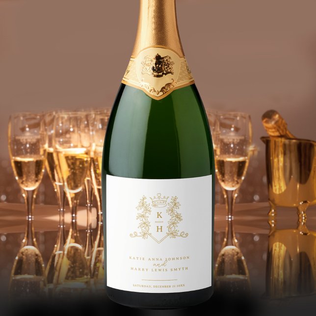 White gold photo crown monogram wedding sparkling wine label (Creator Uploaded)