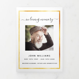 White gold photo elegant tri-fold funeral program announcement