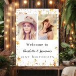 White gold photo stars 2 persons birthday welcome poster<br><div class="desc">A photo welcome poster for 2 persons,  friends,  sisters,  twins.  A modern white background,  decorated with faux gold stars. Personalise and add 2 photos,  names and date(s)</div>