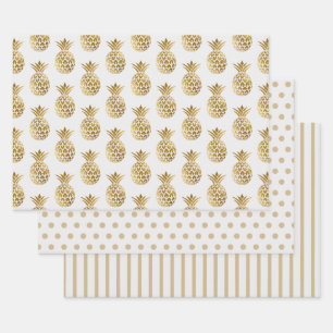 White Gold Pineapples Polka Dots Stripes Solid Wrapping Paper Sheet