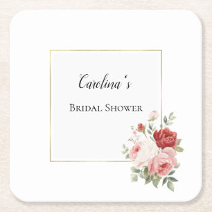 White Gold Pink Red Roses Floral Bridal Shower   Square Paper Coaster