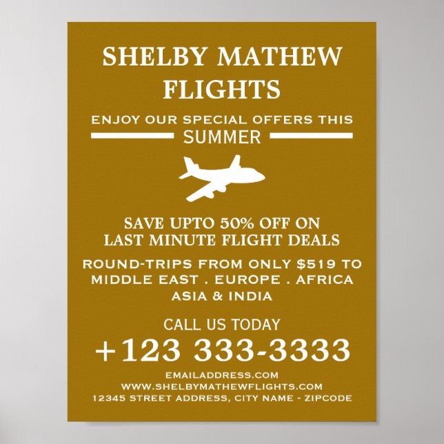 White & Gold Plane Icon, Airline Advertising Poster (Front)