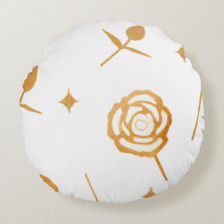 White & Gold Plate Rose Floral Pattern Round Cushion