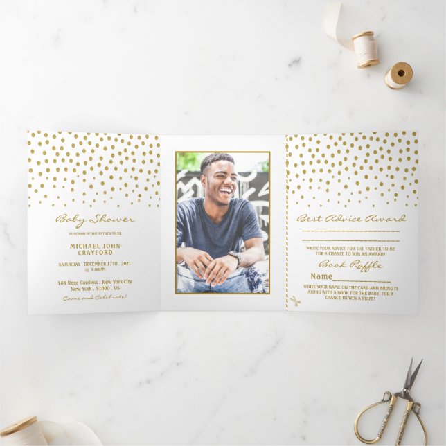 White & Gold Polka Dot, Baby Shower Suite Tri-Fold Invitation (Inside)