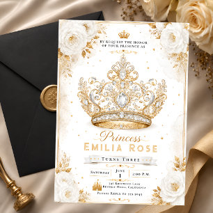 White Gold Princess Crown 3rd Birthday Invitation