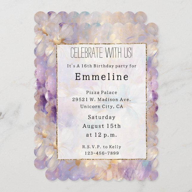 White Gold Purple Blue Floral Invitation (Front/Back)