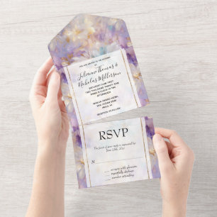 White Gold Purple Blue Floral Wedding All In One Invitation