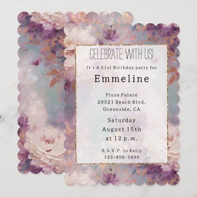 White Gold Purple Floral Invitation (Front/Back)