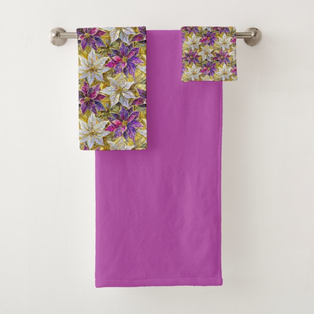 White Gold Purple Pink Christmas Poinsettias Bath Towel Set (Insitu)