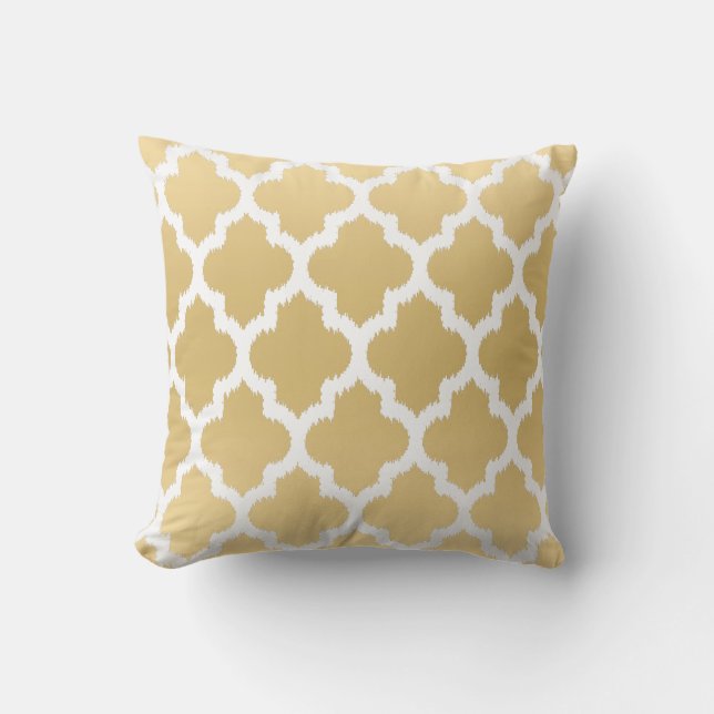 White & Gold Quatrefoil Ikat Geometric Pattern Cushion (Front)