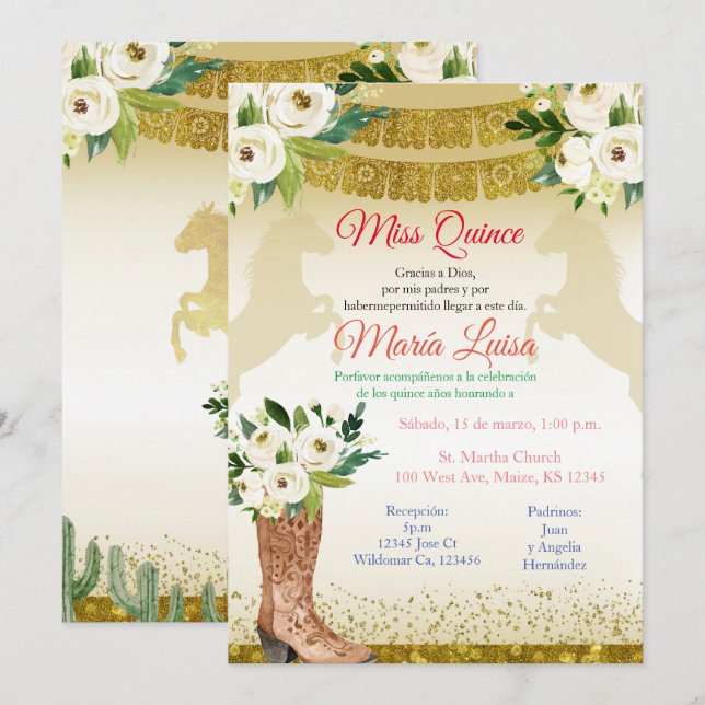 White Gold Quinceanera Mexican Miss Quince Invitation (Front/Back)