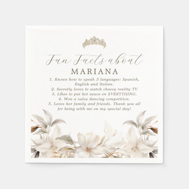 White Gold Quinceañera Party Fun Facts Napkins (Front)