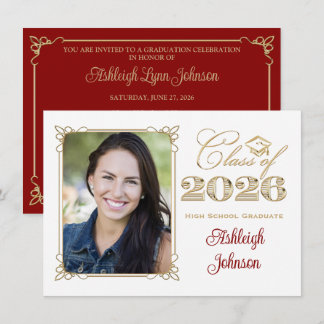White, Gold, Red 2025 Photo Graduation Invite