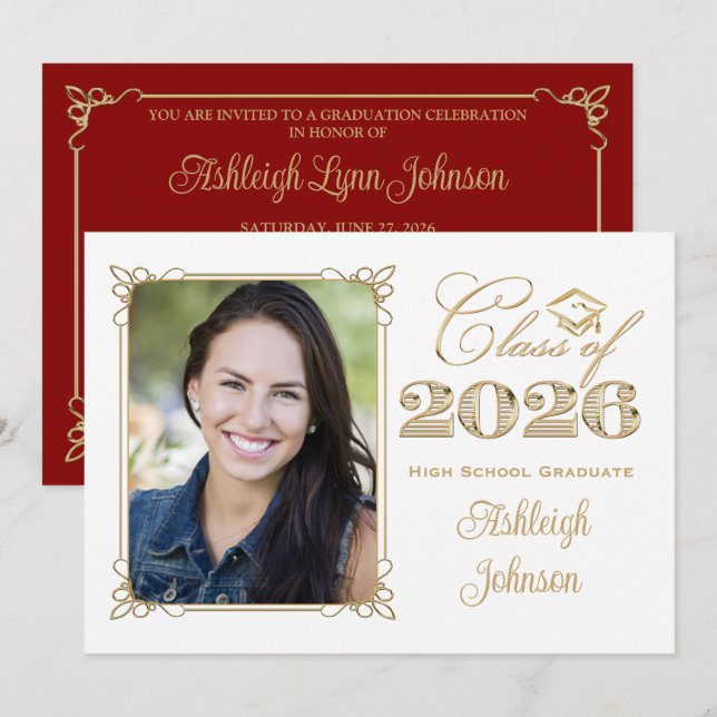 White, Gold, Red 2025 Photo Graduation Invite (Front/Back)