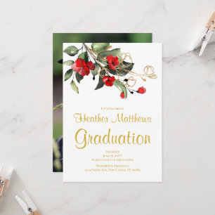 White & Gold Red Floral Photo Graduation Party Invitation