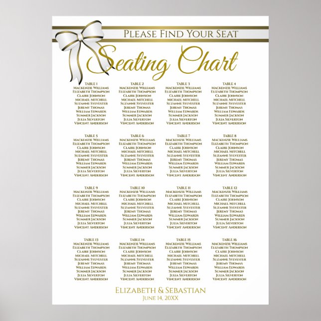 White & Gold Ribbon 16 Table Wedding Seating Chart (Front)