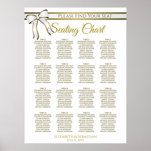 White & Gold Ribbon 16 Table Wedding Seating Chart (Front)