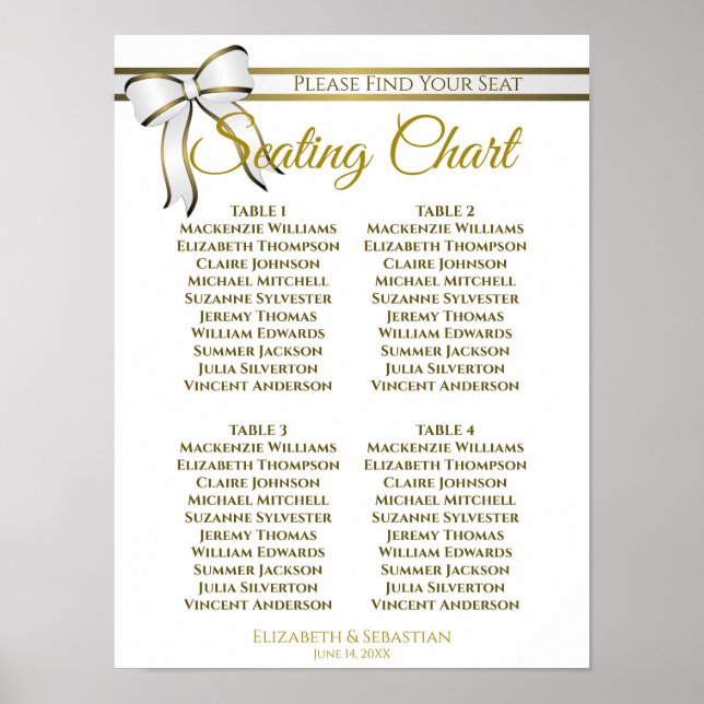 White & Gold Ribbon 4 Table Wedding Seating Chart (Front)