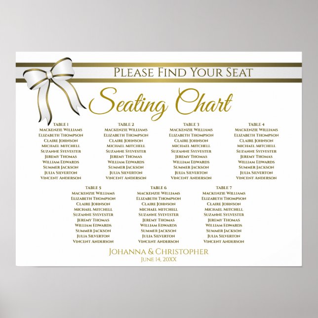 White & Gold Ribbon 7 Table Wedding Seating Chart (Front)