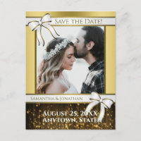 White & Gold Ribbon Wedding Save the Date Postcard