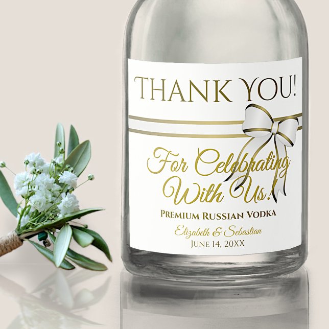 White & Gold Ribbon Wedding Thank You Liquor Bottle Label (Creator Uploaded)