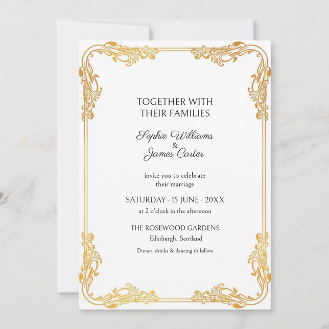 White Gold Rococo Frame Wedding Invitation (Front)
