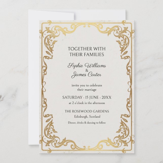 White Gold Rococo Scroll Wedding Invitation (Front)