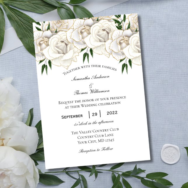 White Gold Rose Floral Formal Wedding Invitation (White Gold Roses Floral Wedding Invitation. Printed or Digital instant download. Elegant and Formal)