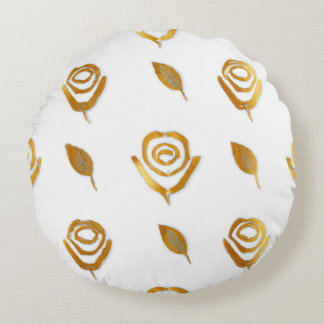 White & Gold Rose Floral Pattern Round Cushion