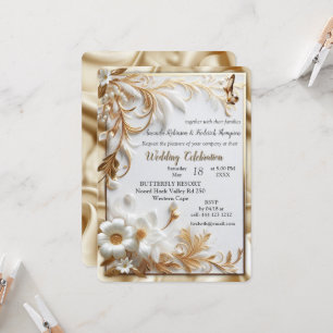 White Gold Roses, Champagne Silk & Butterflies Invitation