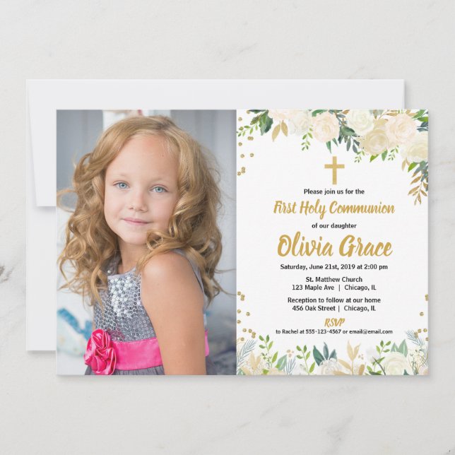 White gold roses floral First Holy Communion photo Invitation (Front)