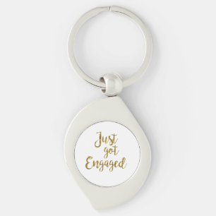 White & Gold Script Just got Engaged Key Ring