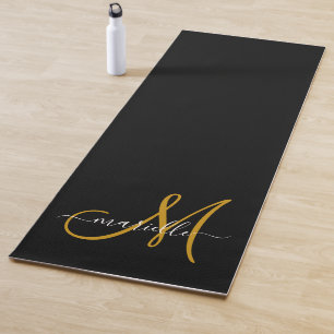 White Gold Script Monogram Black Yoga Mat
