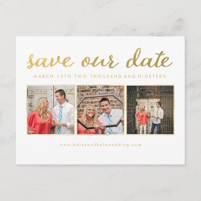 White Gold Script Save Our Date Photo Postcard (Front)