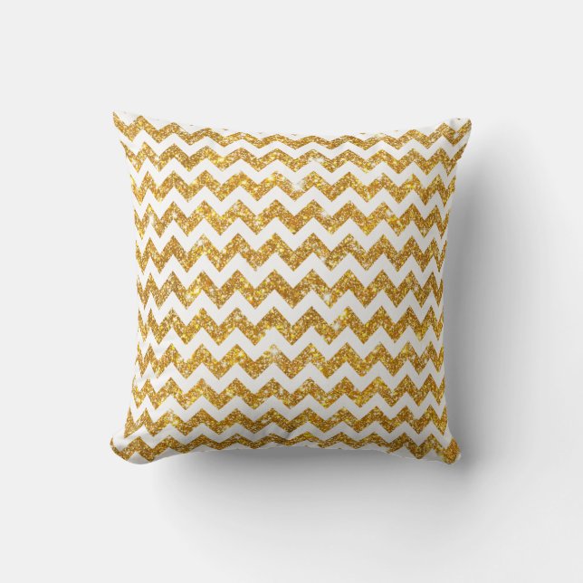 White Gold Shining Faux Glitter Chevron Pattern Cushion (Front)