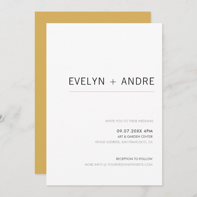 White & Gold Simple Modern Minimalist Wedding Invitation (Front/Back)