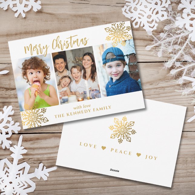 White & Gold SnowFlake 3 Photo Collage Christmas  Holiday Card (Creator Uploaded)