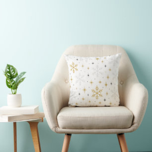 White & Gold Snowflake Sparkle Throw Pillow
