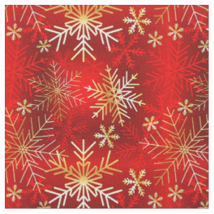 White & Gold Snowflakes on Red Background Fabric