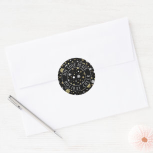 White Gold Snowflakes Polkadots On Black Classic Round Sticker