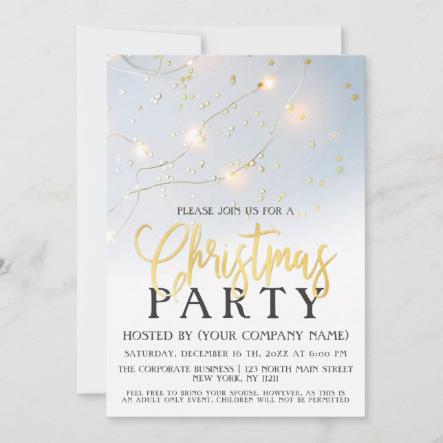 White Gold Star Confetti Lights Corporat Christmas Invitation (Front)