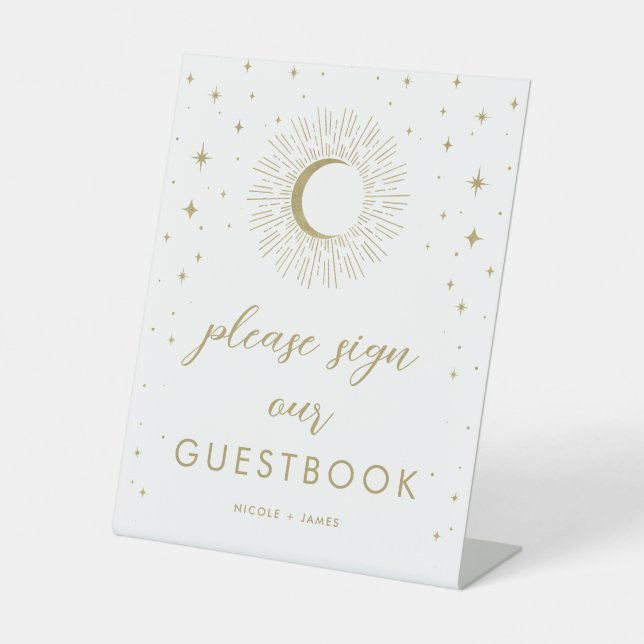 White Gold Stars Celestial Sunburst Guestbook Sign (Front)