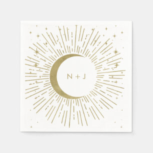 White & Gold Stars Celestial Sunburst Moon Wedding Napkin
