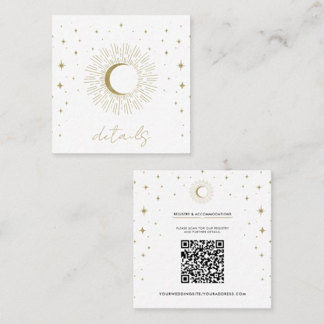 White & Gold Stars Celestial Sunburst Moon Wedding Square Business Card (Front/Back)